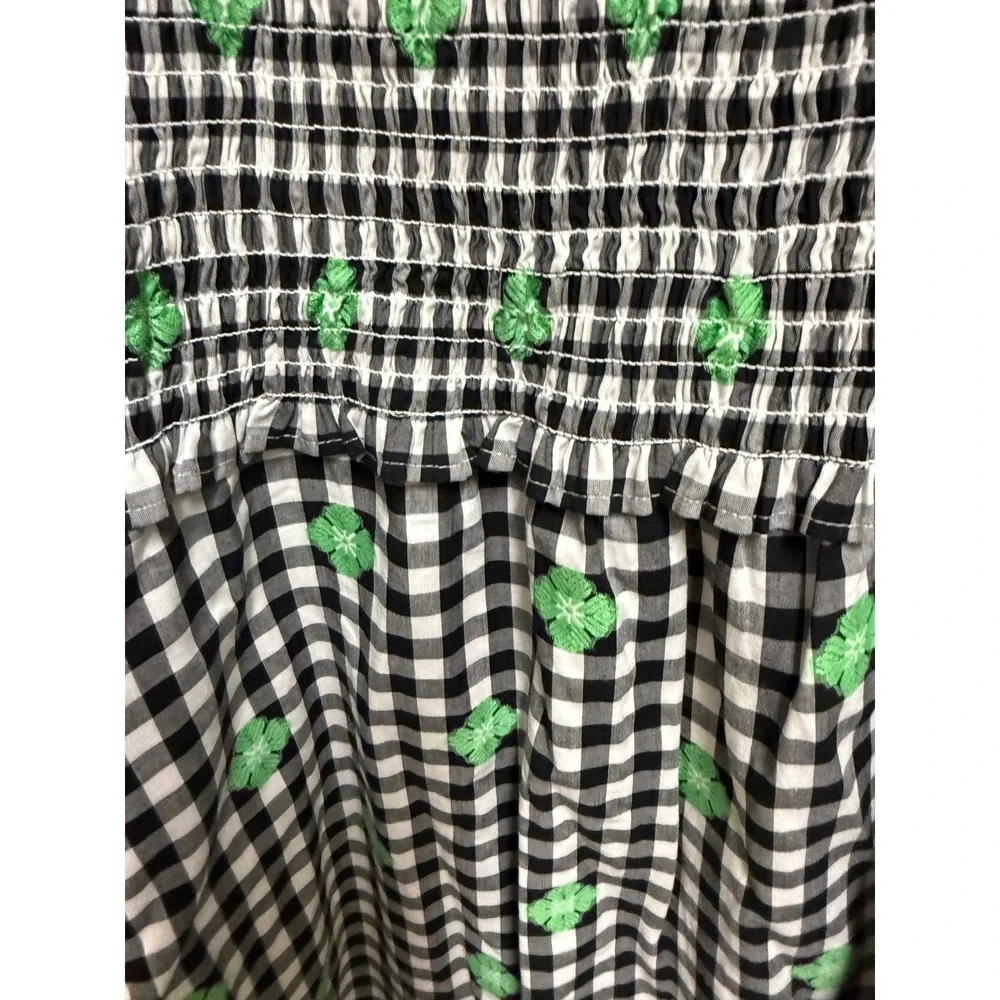 Kate Spade New York Gingham Voile Smocked Dress Black White Green Floral Plaid M